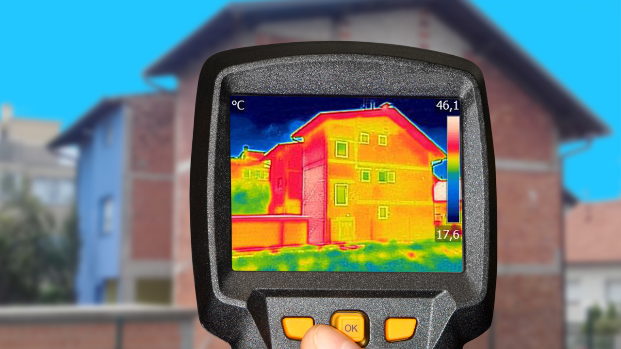 Thermal image showing heat loss from a typical UK home