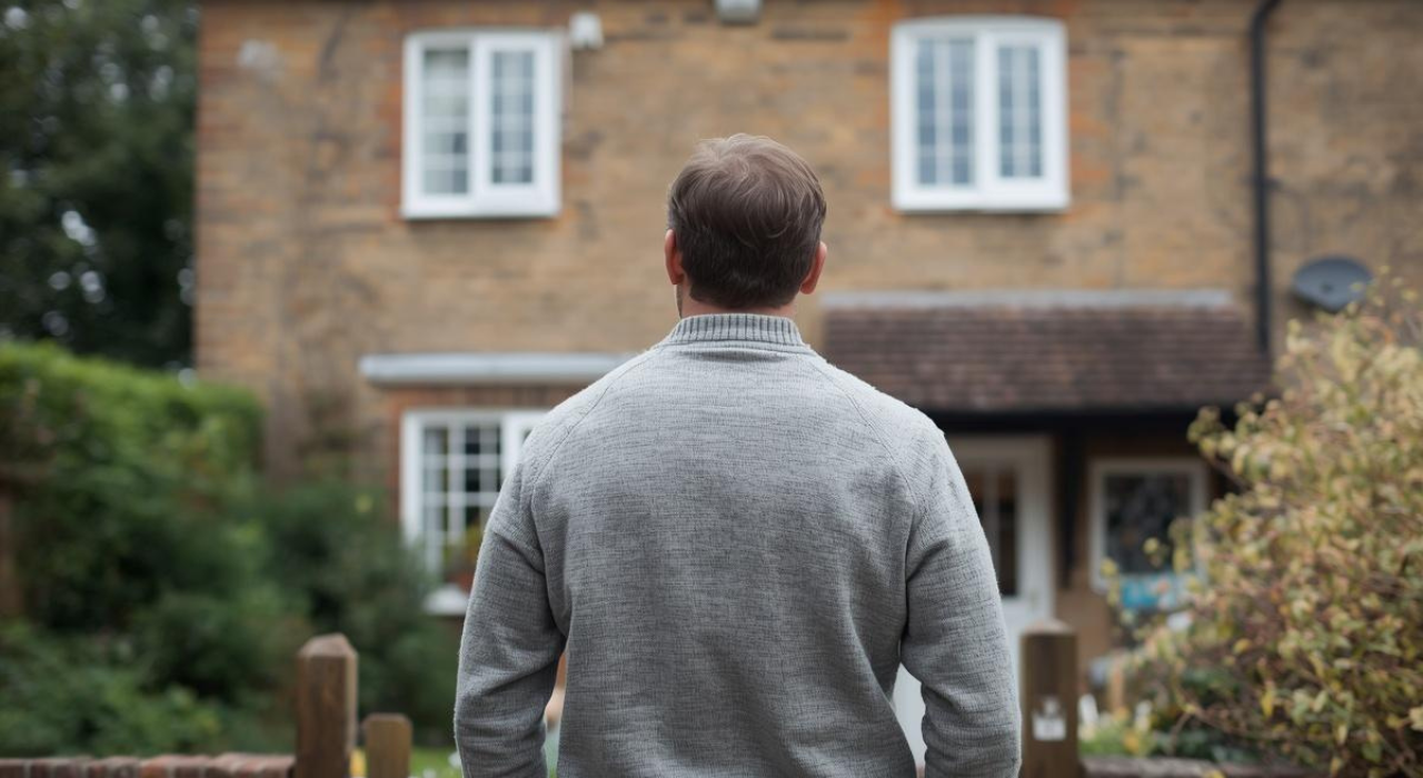 Homeowner outside an older UK house considering whether to improve it instead of moving